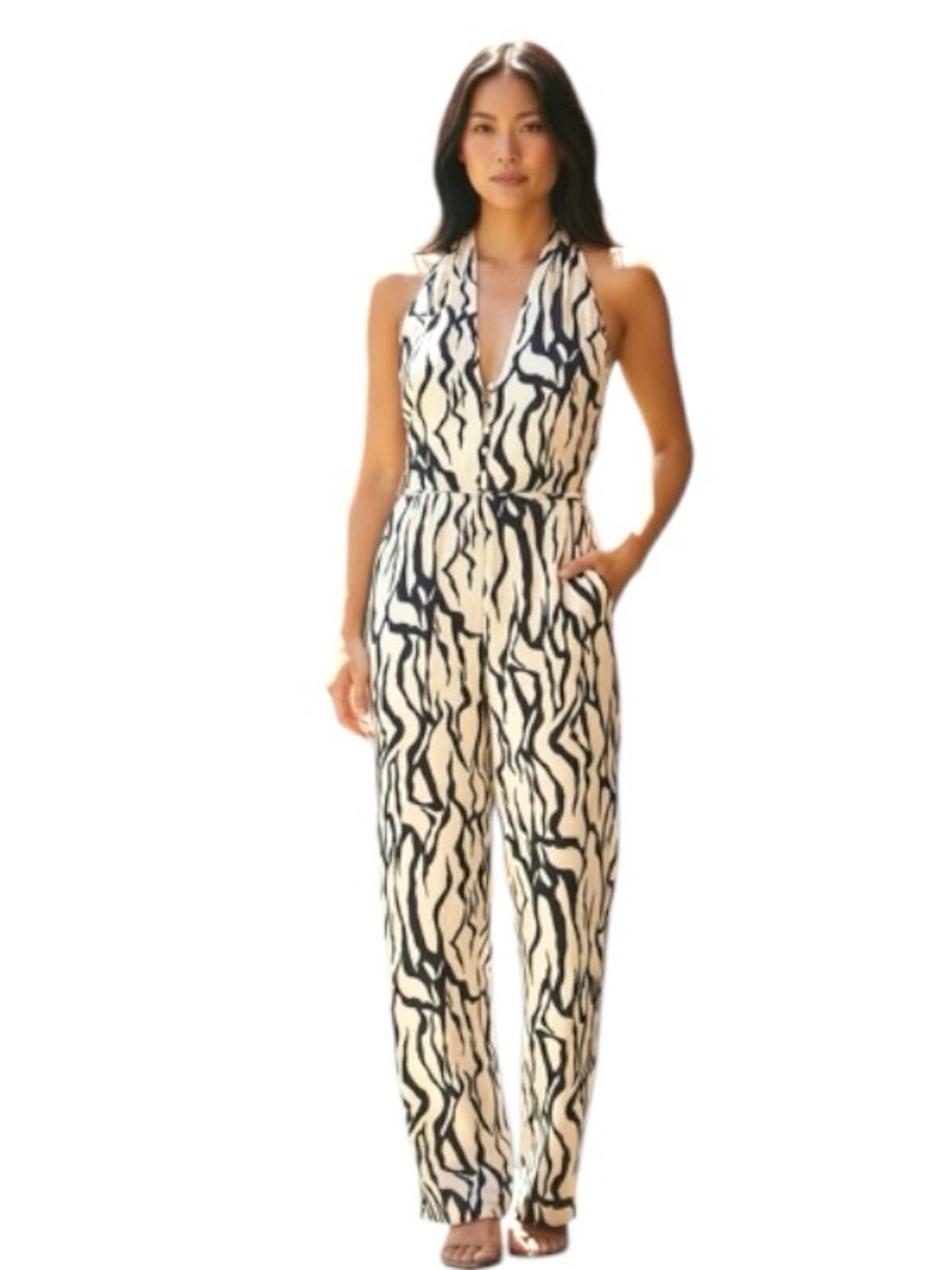 Xanadu Vintage 70s Sleeveless Halter Printed Jumpsuit Hi Rise Sheer Black Beige